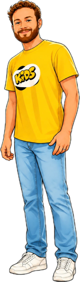 Cartoon of Mr. Hunter in a yellow KIDS shirt